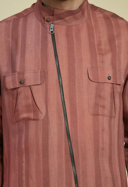 Men’s Nehru Jacket – Silk Jaquard in Pink with Assymetric Zipper Front | One Man Show