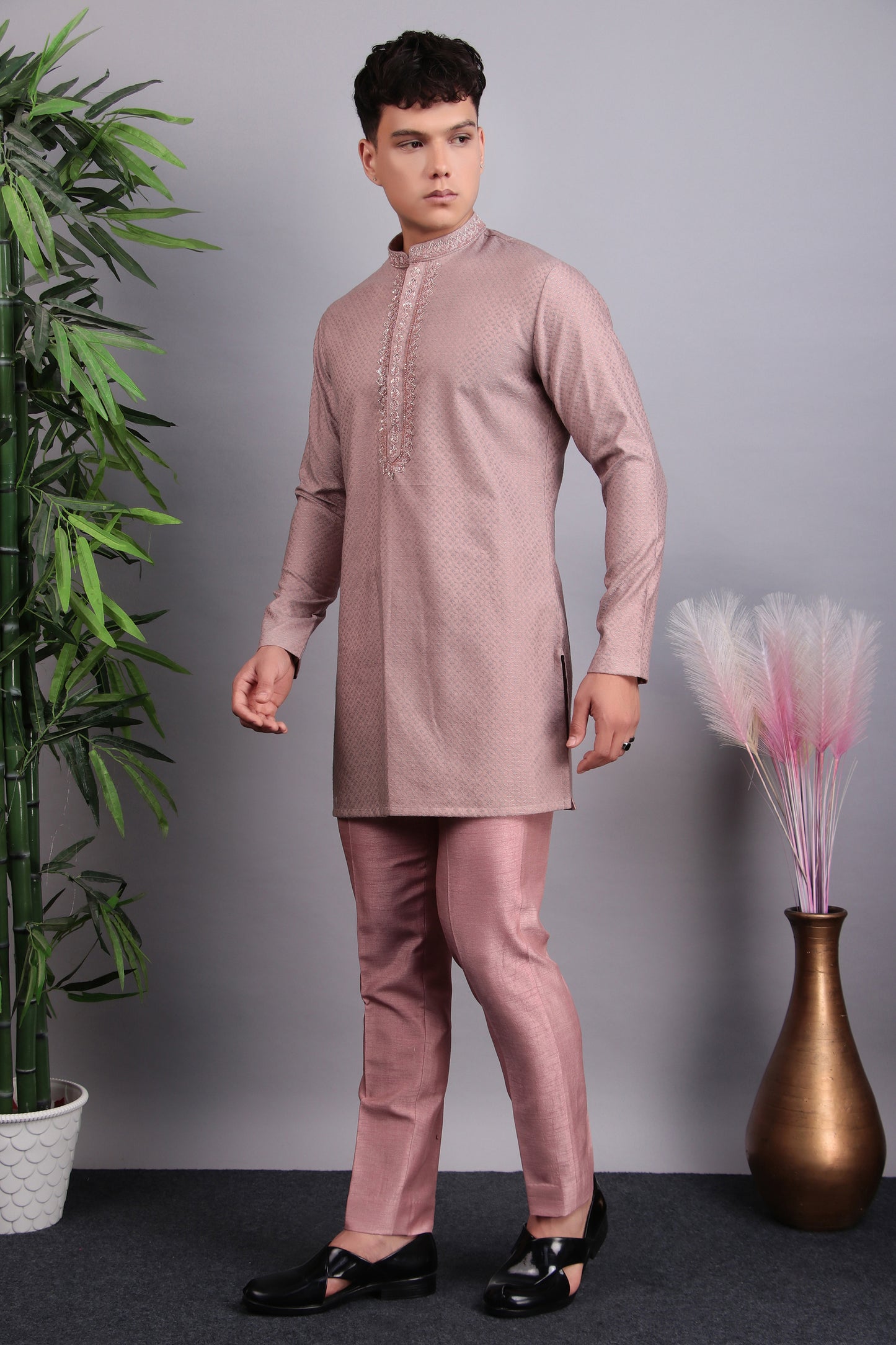Detail view 5 - Men’s Indo-Western – Silk Embroidered Fabric in Pink with Floral Hand Embroidery