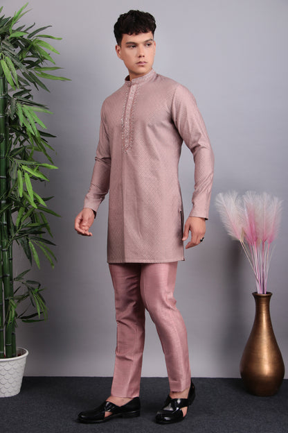 Men’s Indo-Western – Silk Embroidered Fabric in Pink with Floral Hand Embroidery | One Man Show