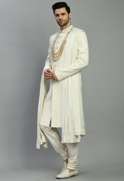Men’s Sherwani – Silk in Ivory with Detailed Hand Embroidery Allover | One Man Show
