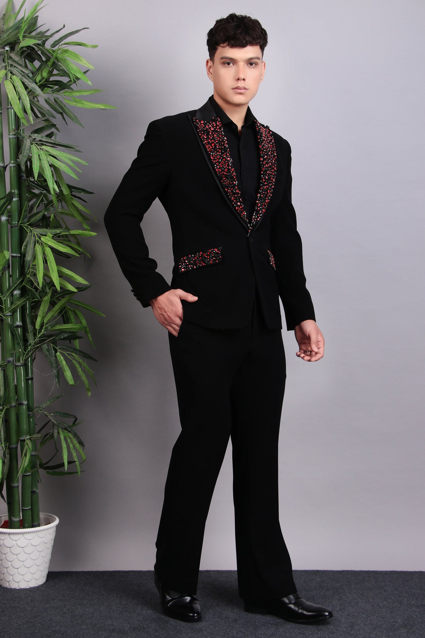 Back view - Men’s Tuxedo – Japanese Lycra in Black with Abstract Stones Embroidery