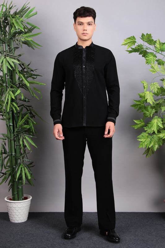 Front view - Men’s Shirt – Korean Wrinkle Free in Black with Front Beads Embroidery
