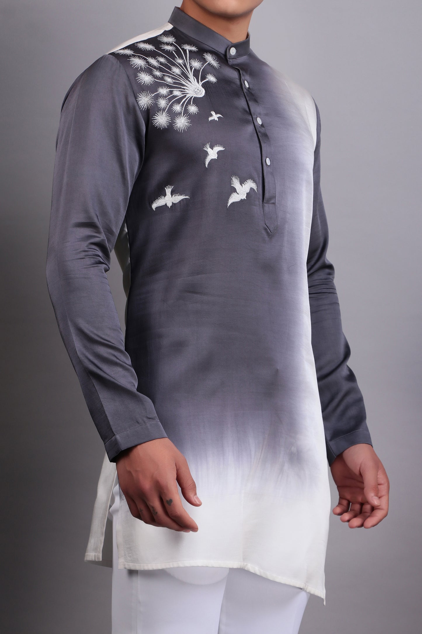 Detail view 1 - Men’s Kurta Set – Modal Satin in Purple with Silk Thread Embroidery