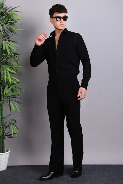 Men’s Shirt – Korean Wrinkle Free in Black with Shoulder Embroidery | One Man Show