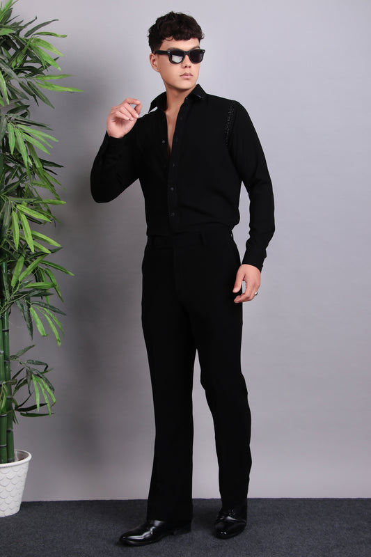 Men’s Shirt – Korean Wrinkle Free in Black with Shoulder Embroidery | One Man Show