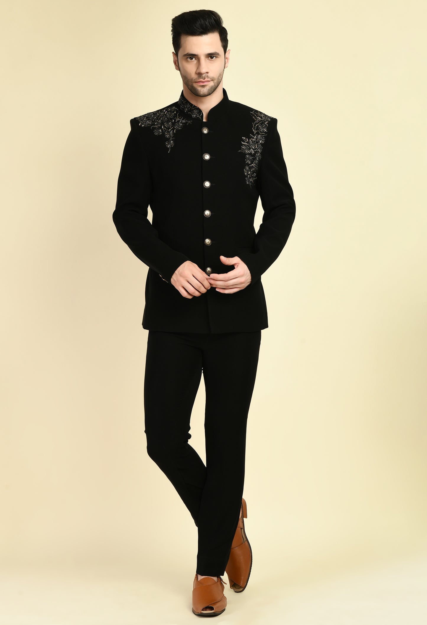 Side view - Men’s Bandhgala – Japanese Lycra in Black with Shoulder Placement Embroidery