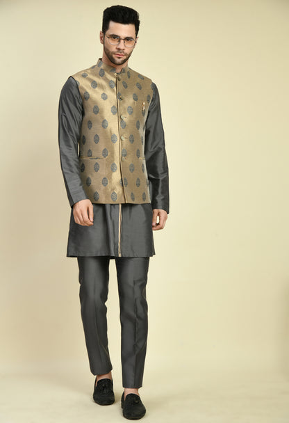 Men’s Nehru Jacket – Silk in Grey with Silk Jaquard Detail | One Man Show
