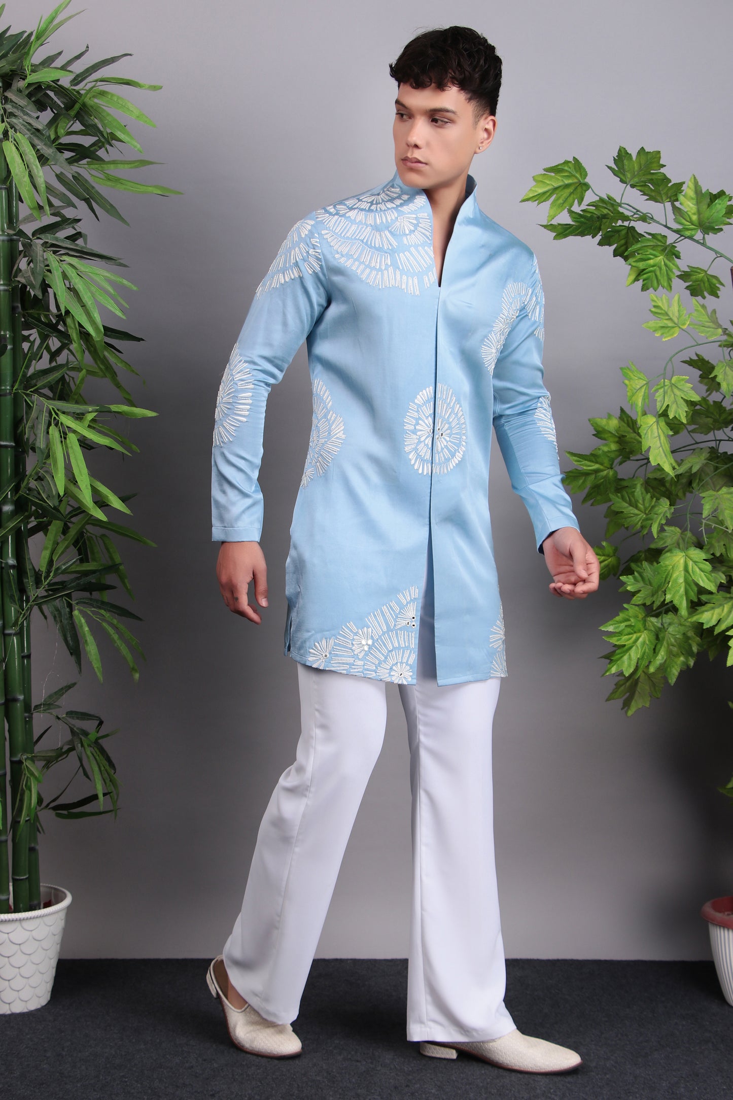 Back view - Men’s Kurta Set – Modal Satin in Blue with Silk Thread Embroidery