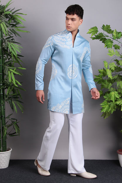 Men’s Kurta Set – Modal Satin in Blue with Silk Thread Embroidery | One Man Show