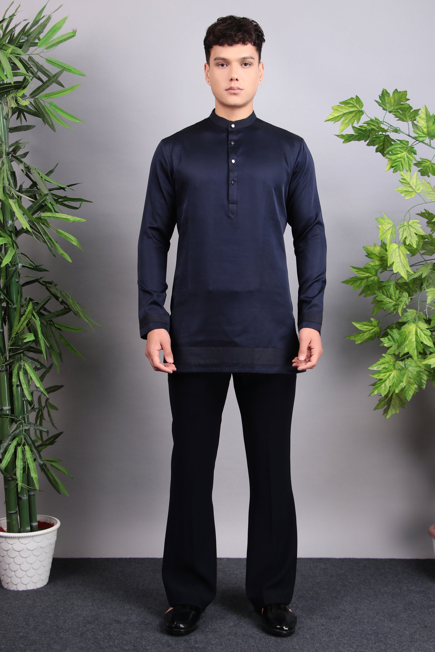 Detail view 6 - Men’s Indo-Western – Silk Embroidered Fabric in Blue with Floral Hand Embroidery