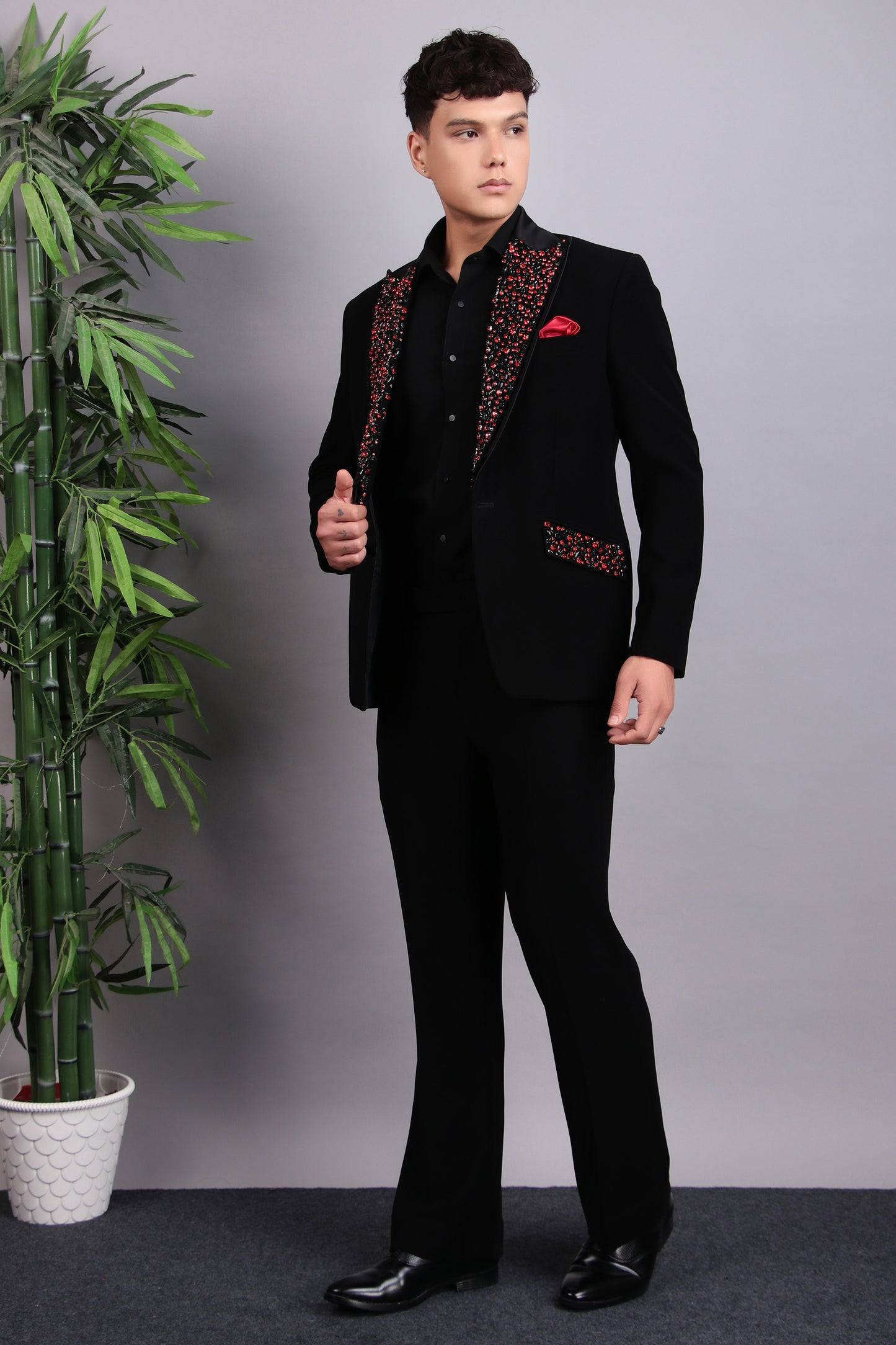 Side view - Men’s Tuxedo – Japanese Lycra in Black with Abstract Stones Embroidery