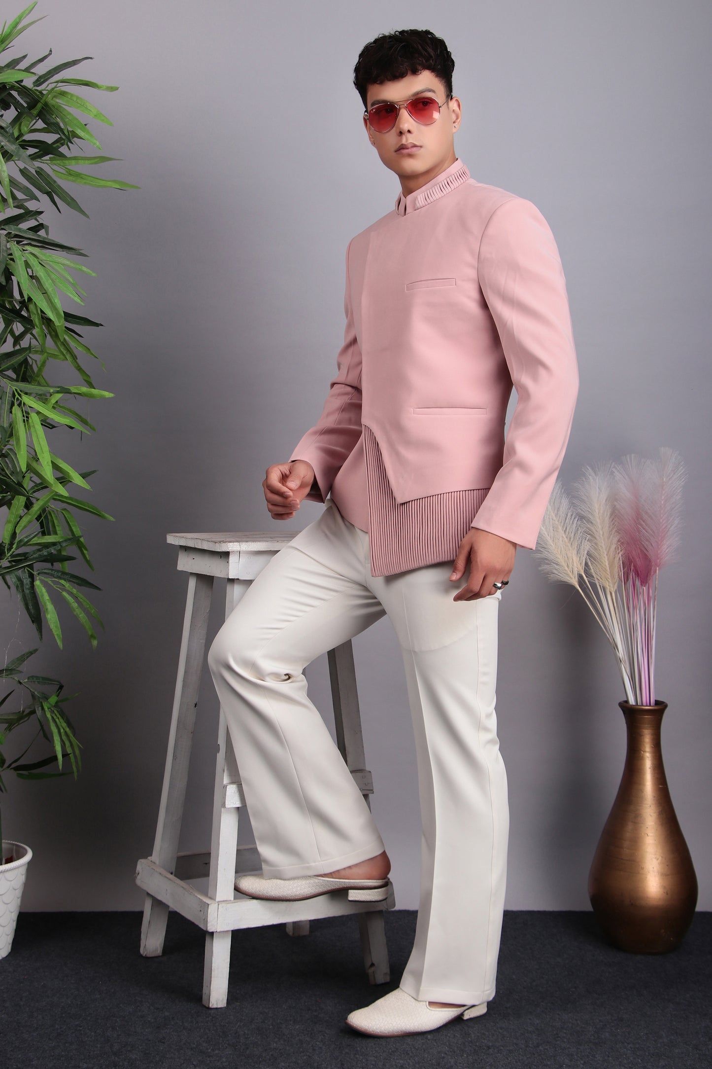 Detail view 3 - Men’s Bandhgala – Japanese Lycra in Pink with Modern Abstract Cut