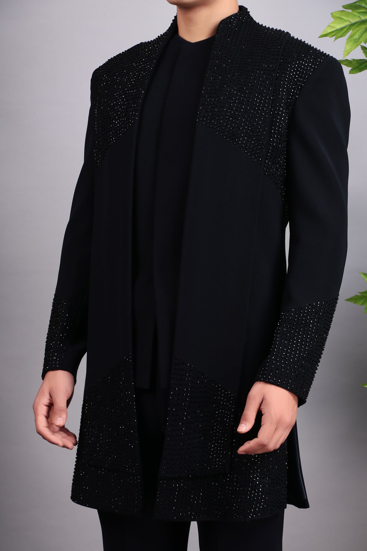 Detail view 2 - Men’s Indo-Western – Japanese Lycra in Midnight Blue with Beads and Stones Embroidery