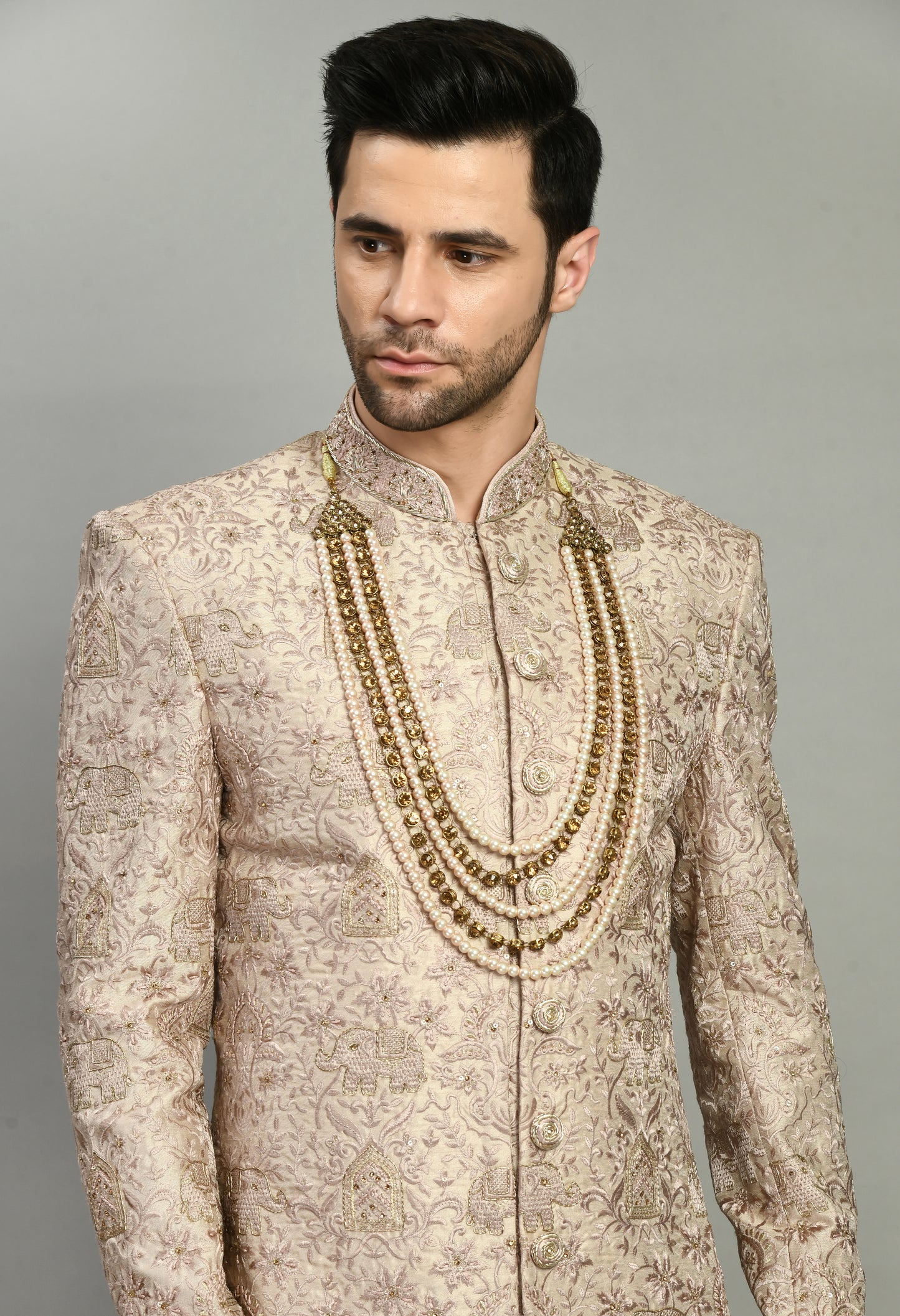 Side view - Men’s Sherwani – Silk in Pink with Detailed Hand Embroidery