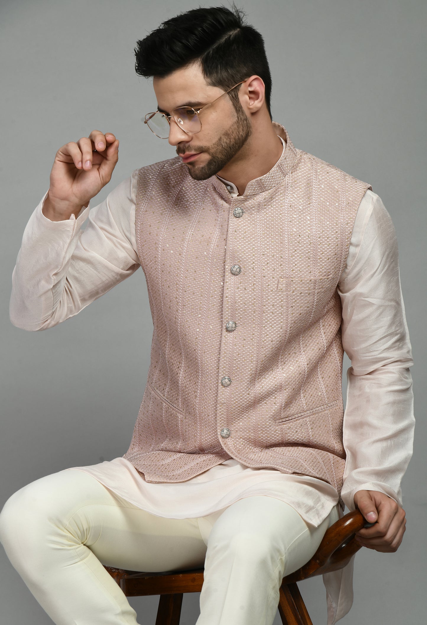 Detail view 3 - Men’s Nehru Jacket – Silk Georgette in Pink with Thread and Sequins Embroidery