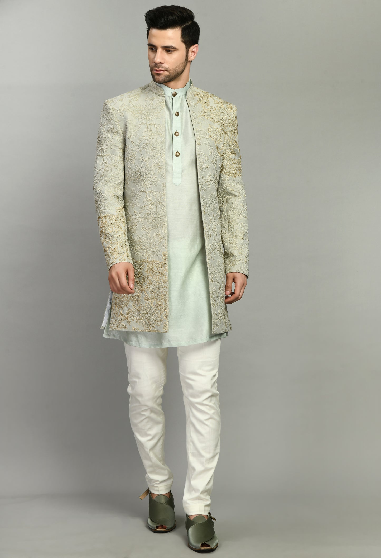 Back view - Men’s Indo-Western – Silk Jaquard in Green with Placement Embroidery