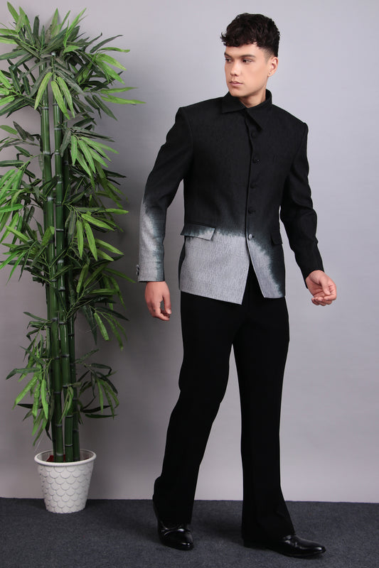Front view - Men’s Bandhgala – Cotton Jaquard in Black with Shacket Style Tie and Dye