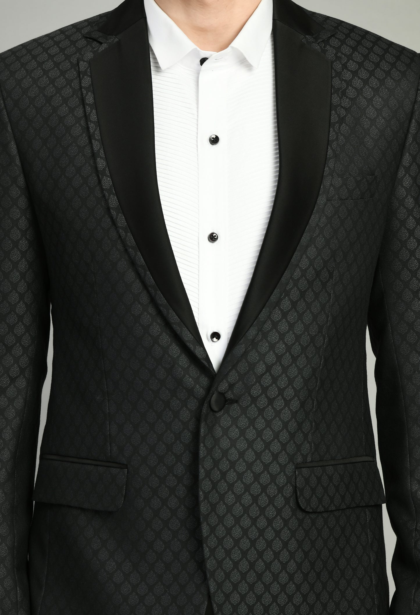 Back view - Men’s Tuxedo – Poly Jaquard in Black with Geometric Motif Tuxedo Blazer