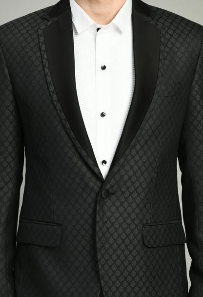 Men’s Tuxedo – Poly Jaquard in Black with Geometric Motif Tuxedo Blazer | One Man Show