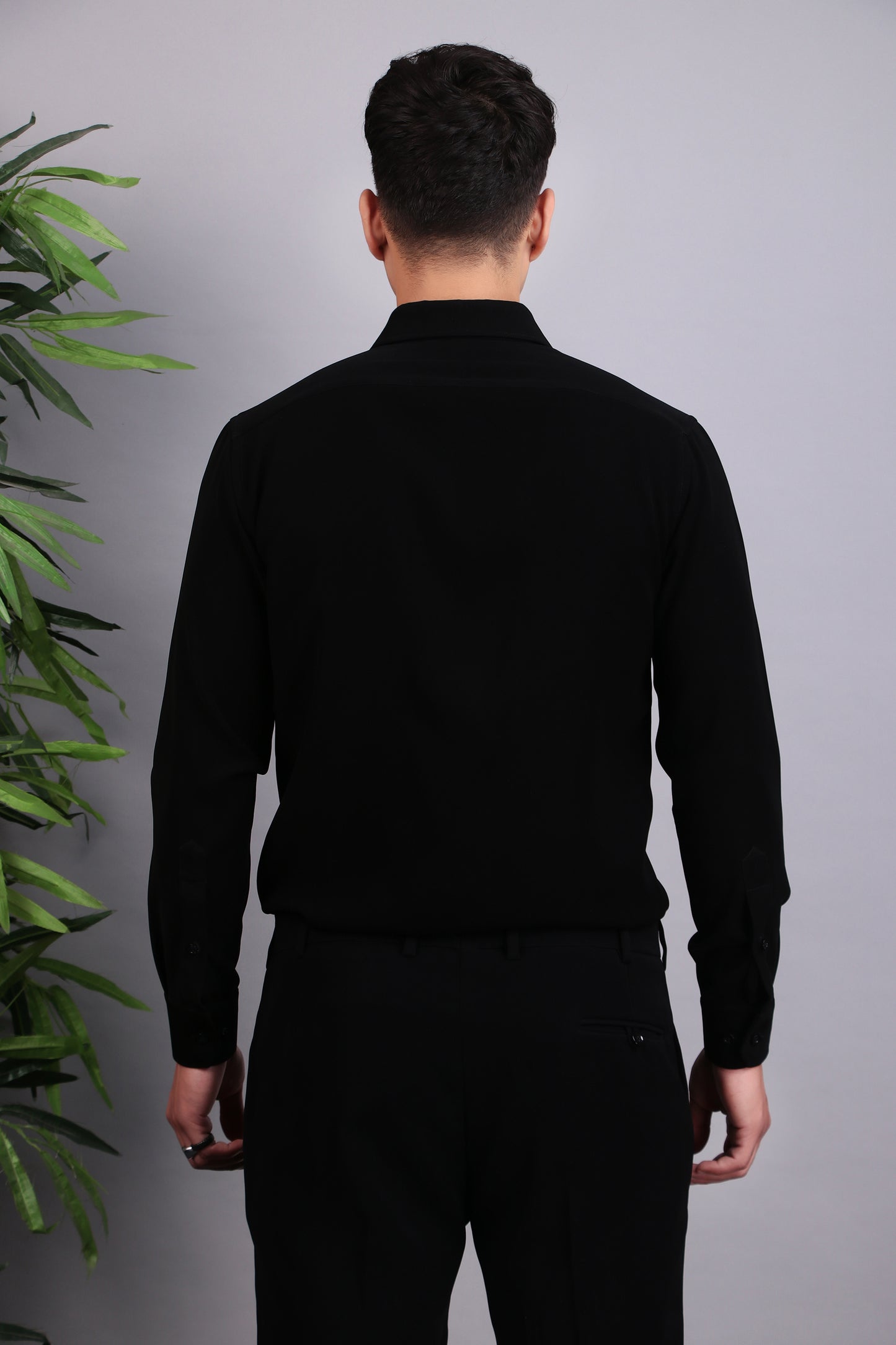 Side view - Men’s Shirt – Korean Wrinkle Free in Black with Shoulder Embroidery