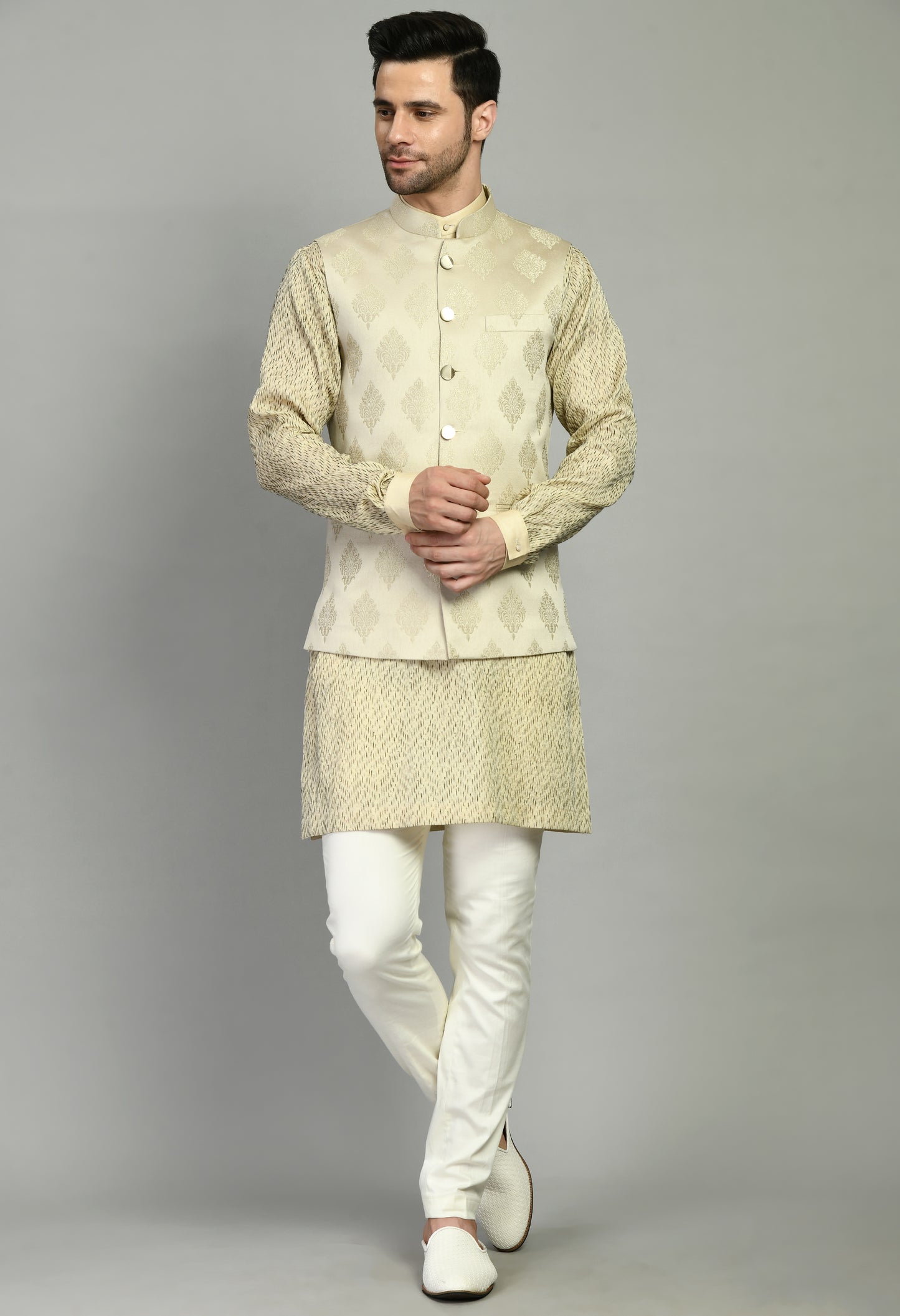 Side view - Men’s Nehru Jacket – Silk Jaquard in Cream with Threadwork Chevron Print