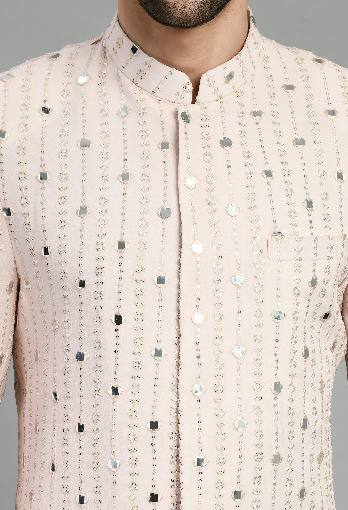 Detail view 4 - Men’s Indo-Western – Silk Georgette in Pink with Mirror Work Embroidery