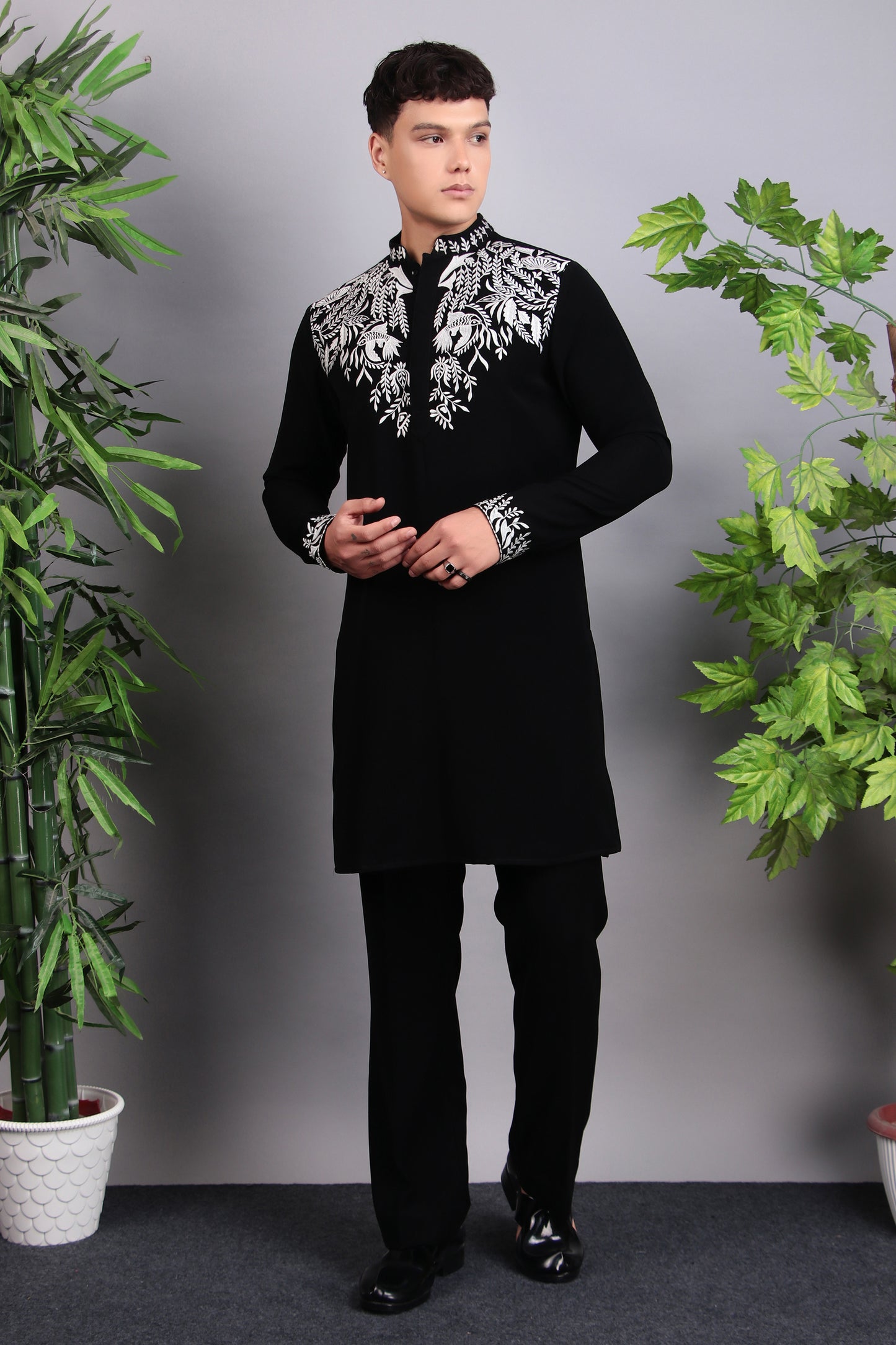Men’s Kurta Set – Korean Wrinkle Free in Black with Silk Thread Embroidery | One Man Show