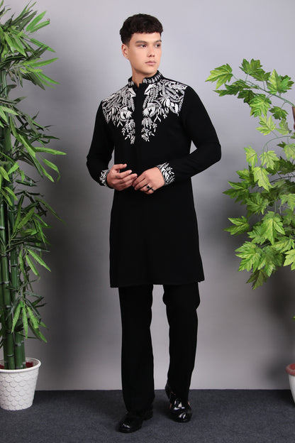 Men’s Kurta Set – Korean Wrinkle Free in Black with Silk Thread Embroidery | One Man Show