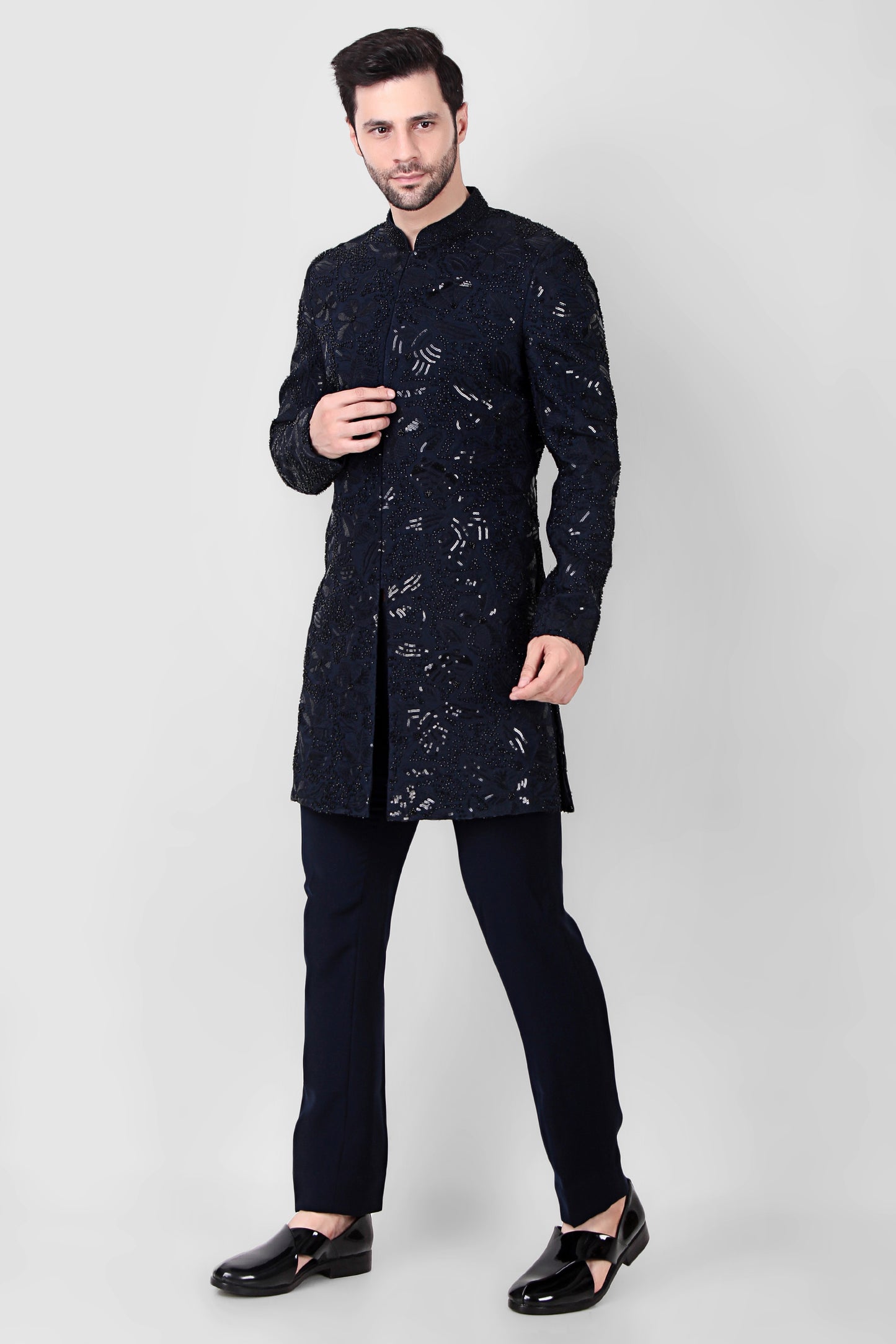 Back view - Men’s Indo-Western – Silk Georgette in Navy Blue with Beads and Sequins Embroidery