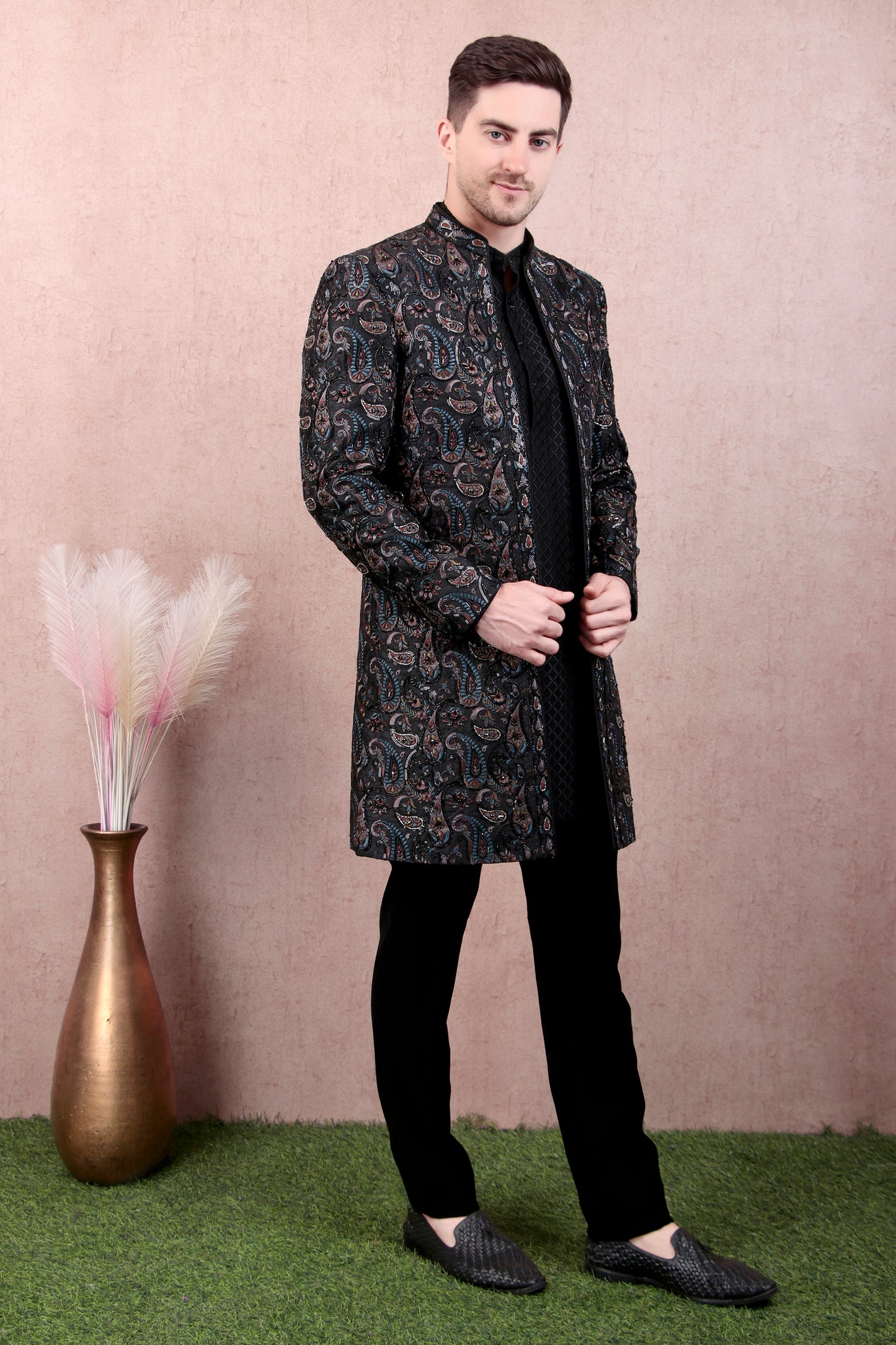 Front view - Men’s Sherwani – Georgette in Black with Silk Thread Paisley Embroidery