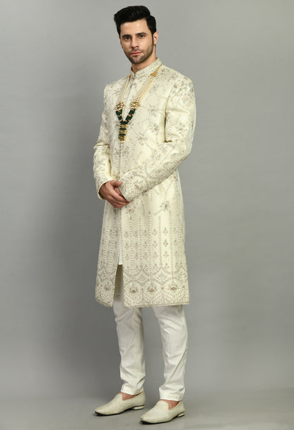 Men’s Sherwani – Silk in Ivory with Detailed Hand Embroidery | One Man Show