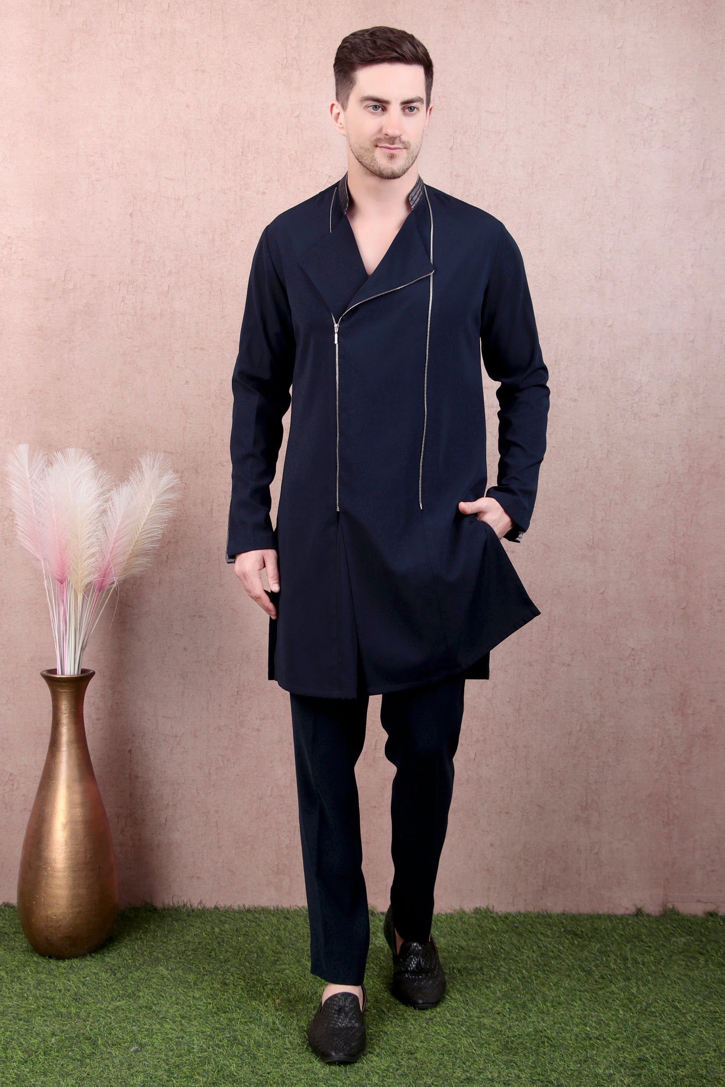 Front view - Men’s Kurta Set – Asymmetric Zip Placket in Navy with Band Collar & Contrast Lining