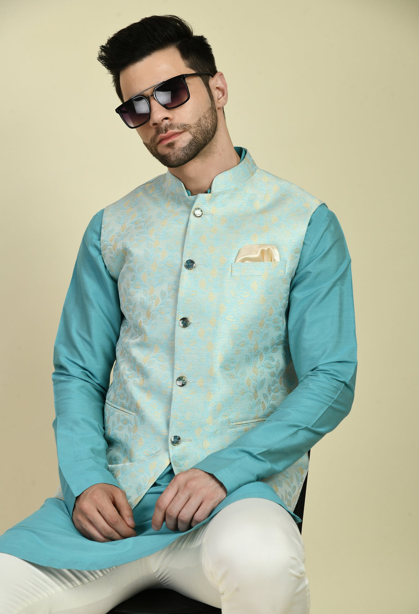 Detail view 4 - Men’s Nehru Jacket – Silk in Blue with Silk Jaquard Jacket
