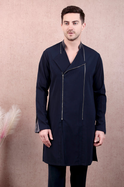 Men’s Kurta Set – Asymmetric Zip Placket in Navy with Band Collar & Contrast Lining | One Man Show