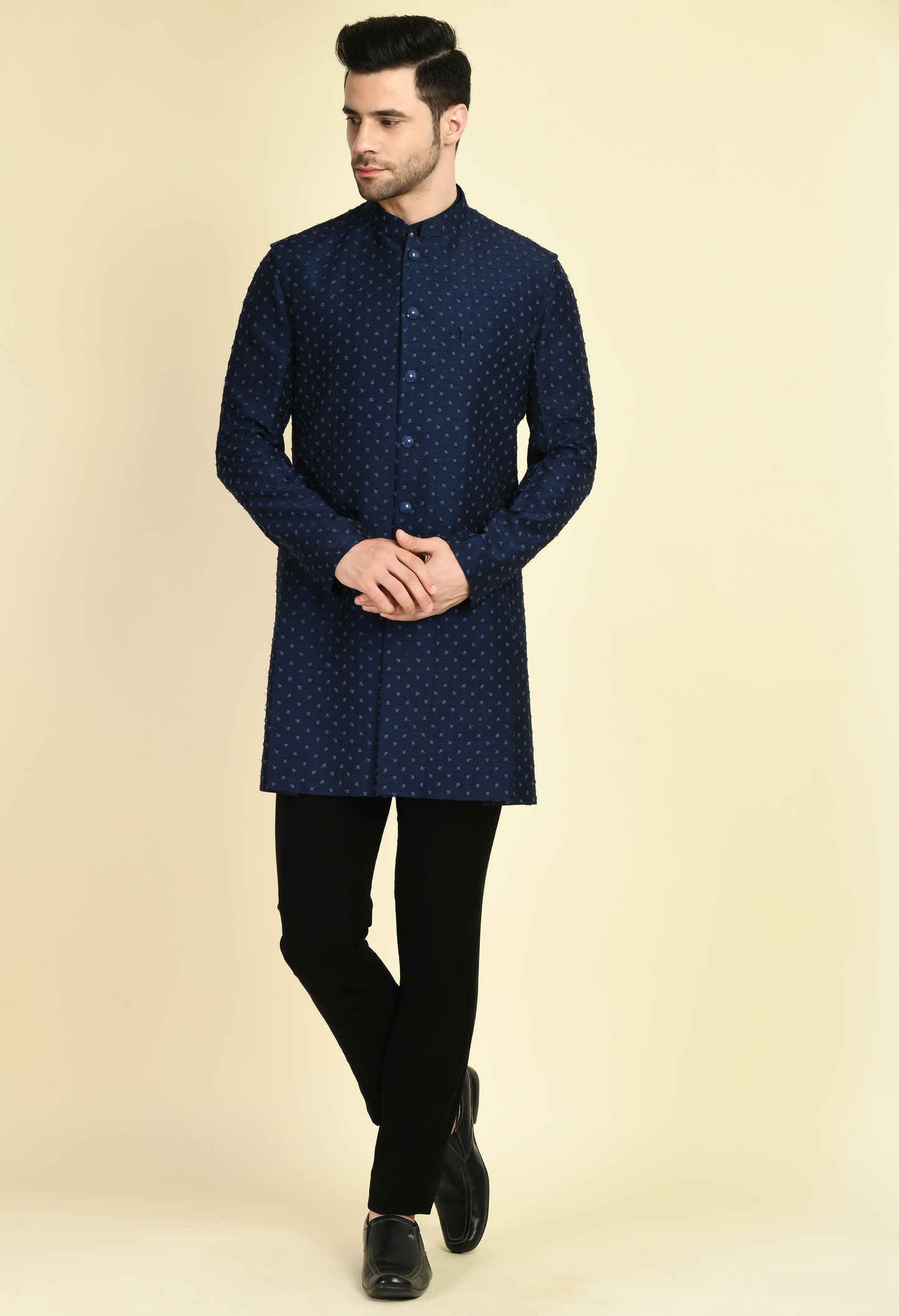 Front view - Men’s Nehru Jacket – Silk Jaquard in Navy Blue with Thread Embroidery