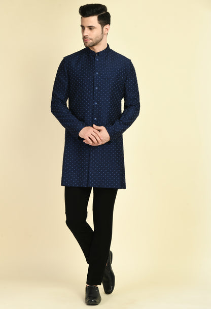 Men’s Nehru Jacket – Silk Jaquard in Navy Blue with Thread Embroidery | One Man Show