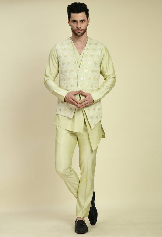 Front view - Men’s Nehru Jacket – Silk in Green with Designer Vest Silk Thread Embroidery