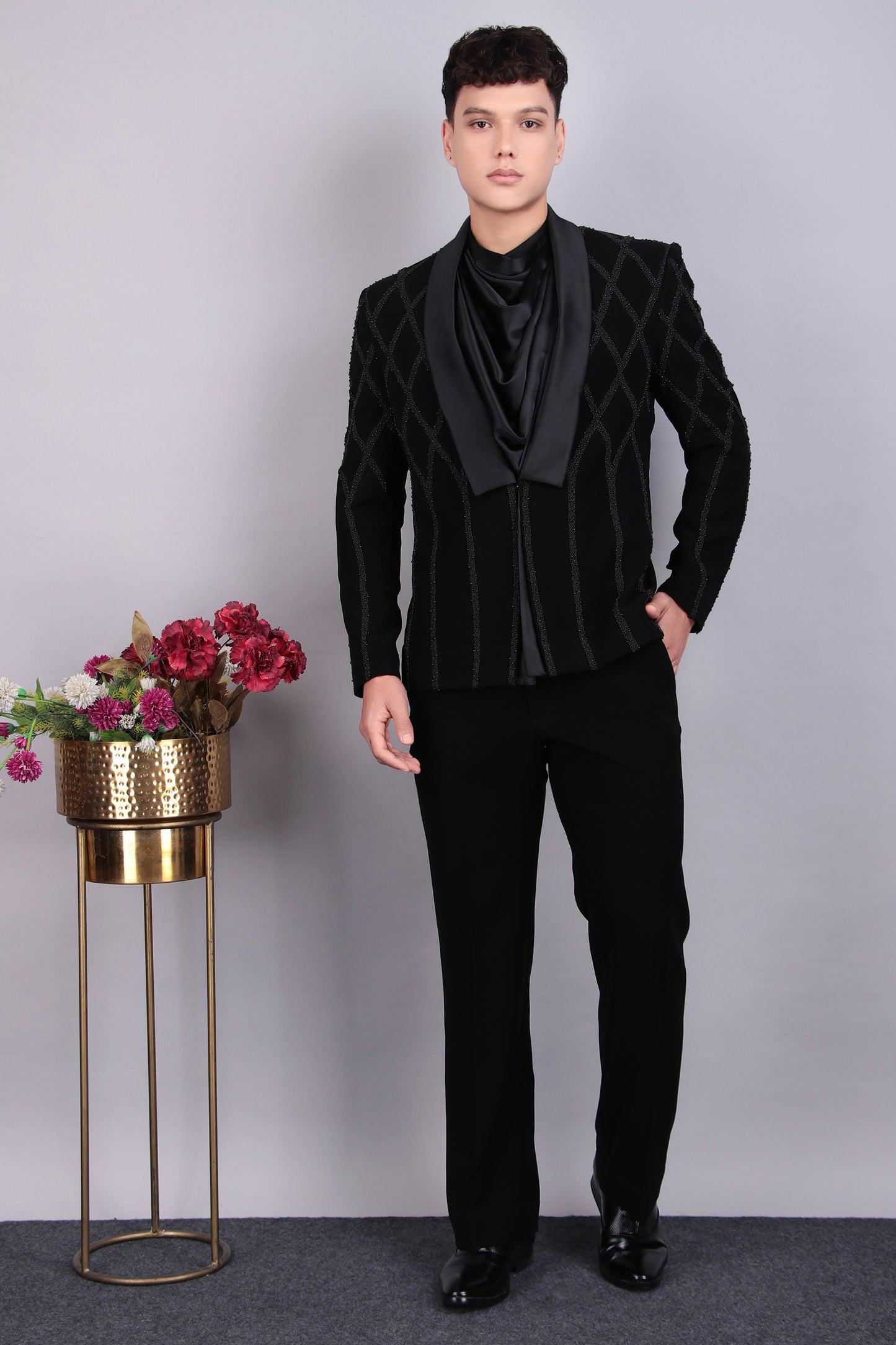 Detail view 1 - Men’s Tuxedo – Japanese Lycra in Black with Beads Embroidery