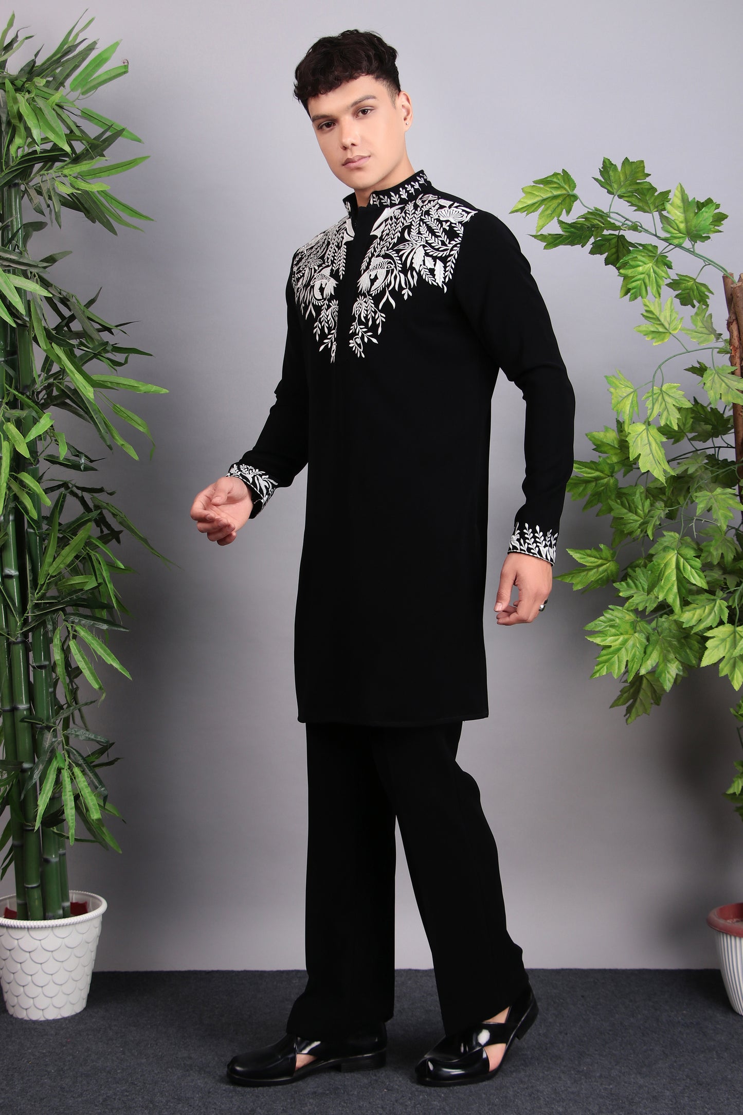 Detail view 1 - Men’s Kurta Set – Korean Wrinkle Free in Black with Silk Thread Embroidery