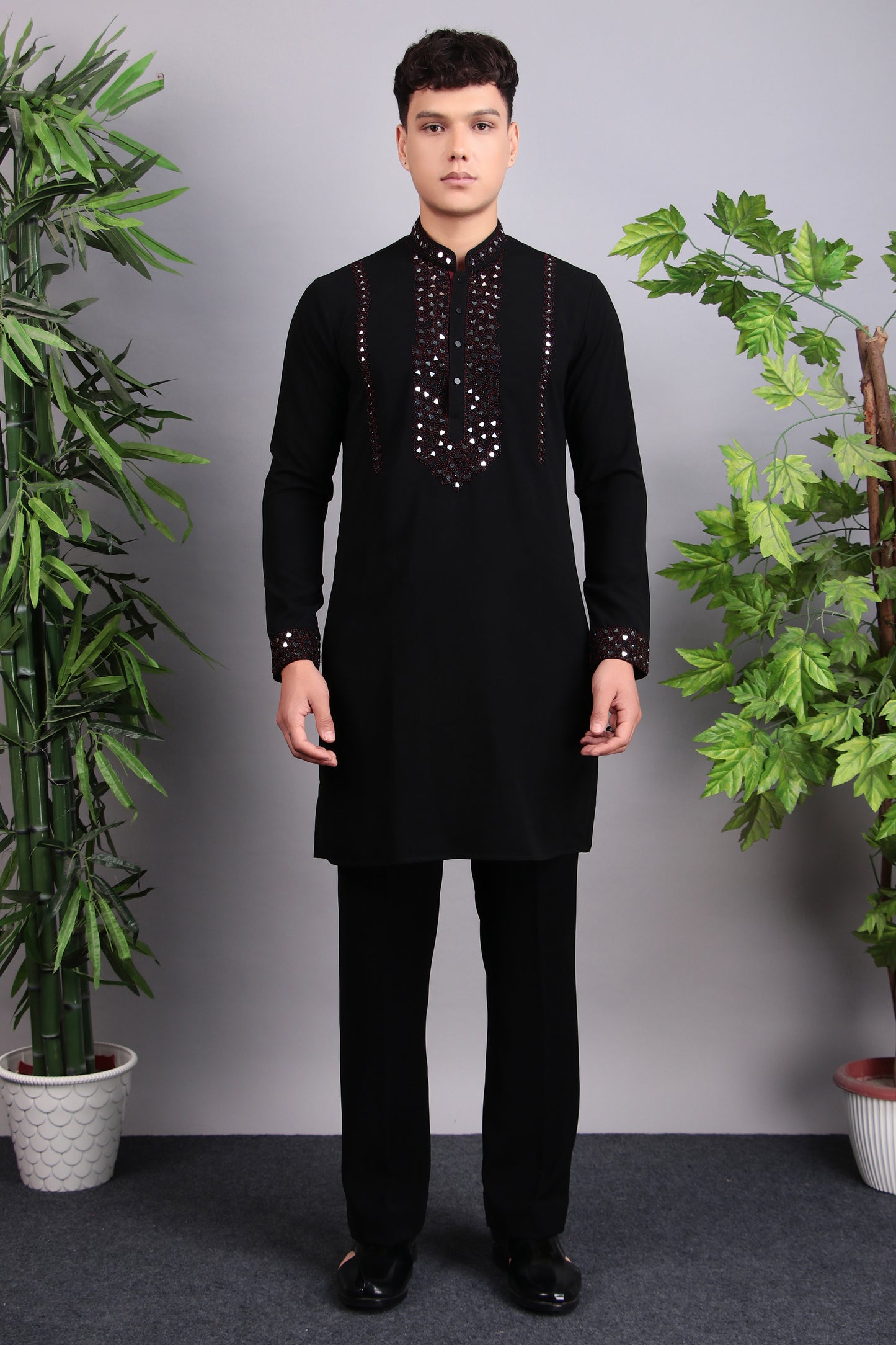 Front view - Men’s Kurta Set – Korean Wrinkle-Free in Black with Mirror and Beads Embroidery