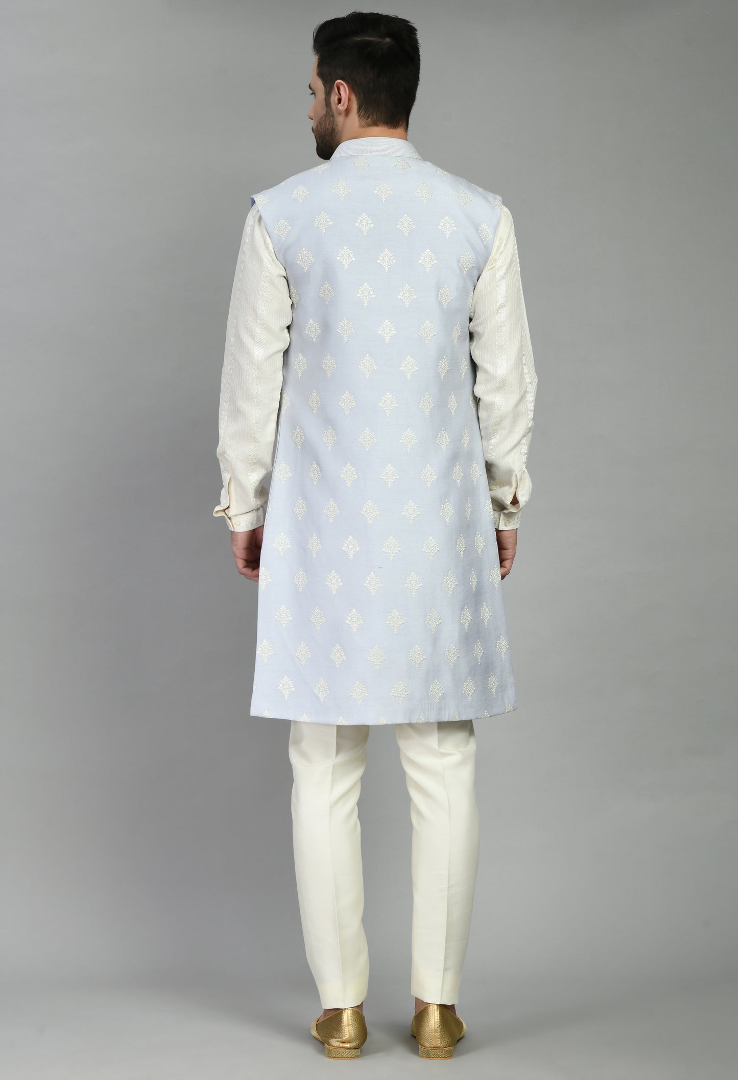 Front view - Men’s Nehru Jacket – Silk in Blue with Floral Motif Embroidery