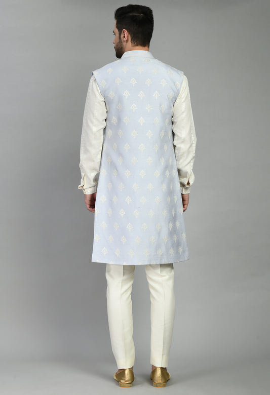 Front view - Men’s Nehru Jacket – Silk in Blue with Floral Motif Embroidery