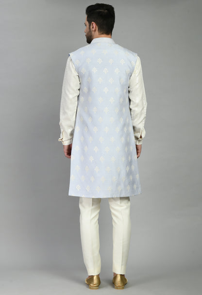 Men’s Nehru Jacket – Silk in Blue with Floral Motif Embroidery | One Man Show