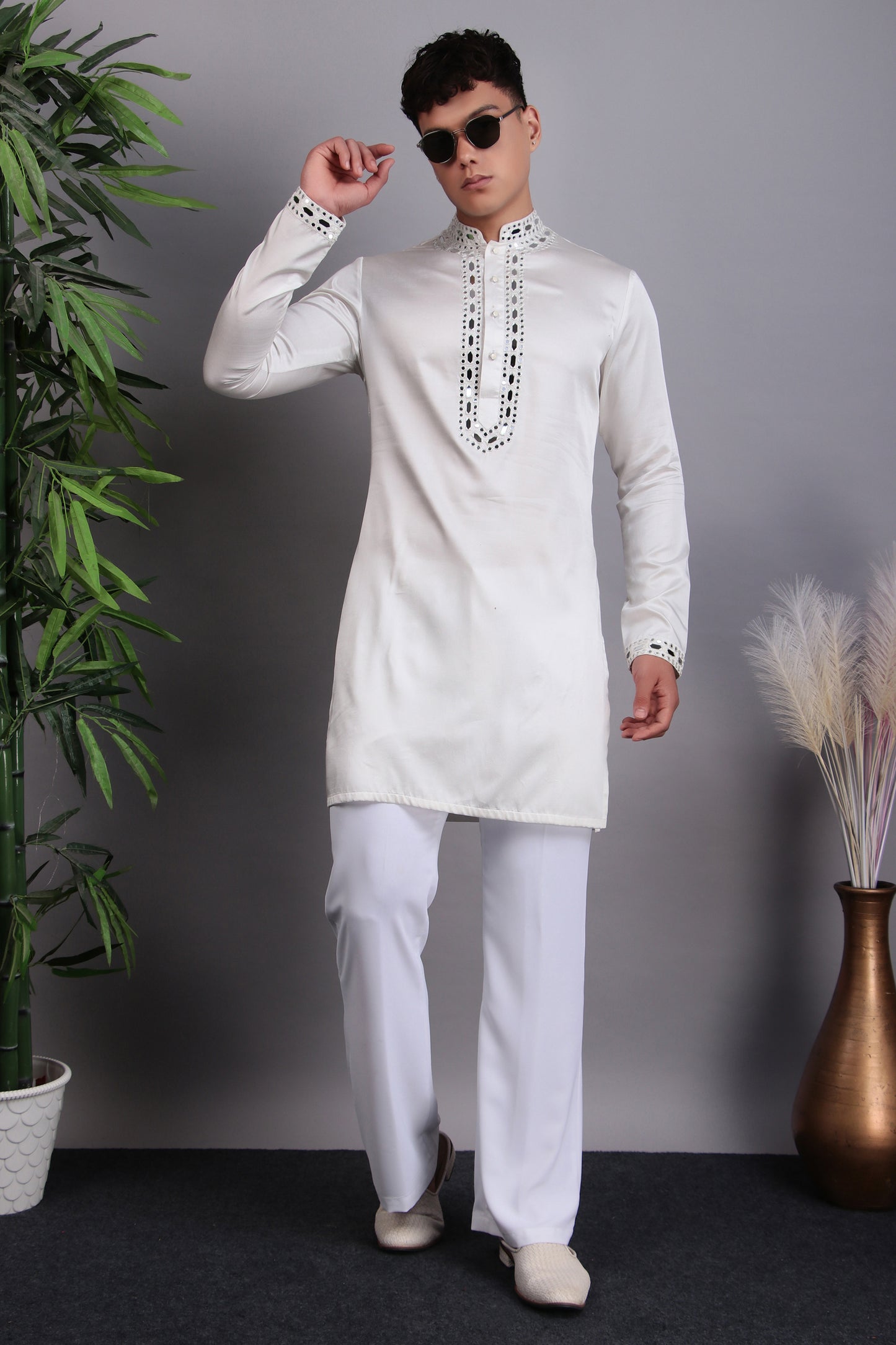 Detail view 4 - Men’s Kurta Set – Modal Satin in Blue with Tie and Dye & Silk Thread Embroidery