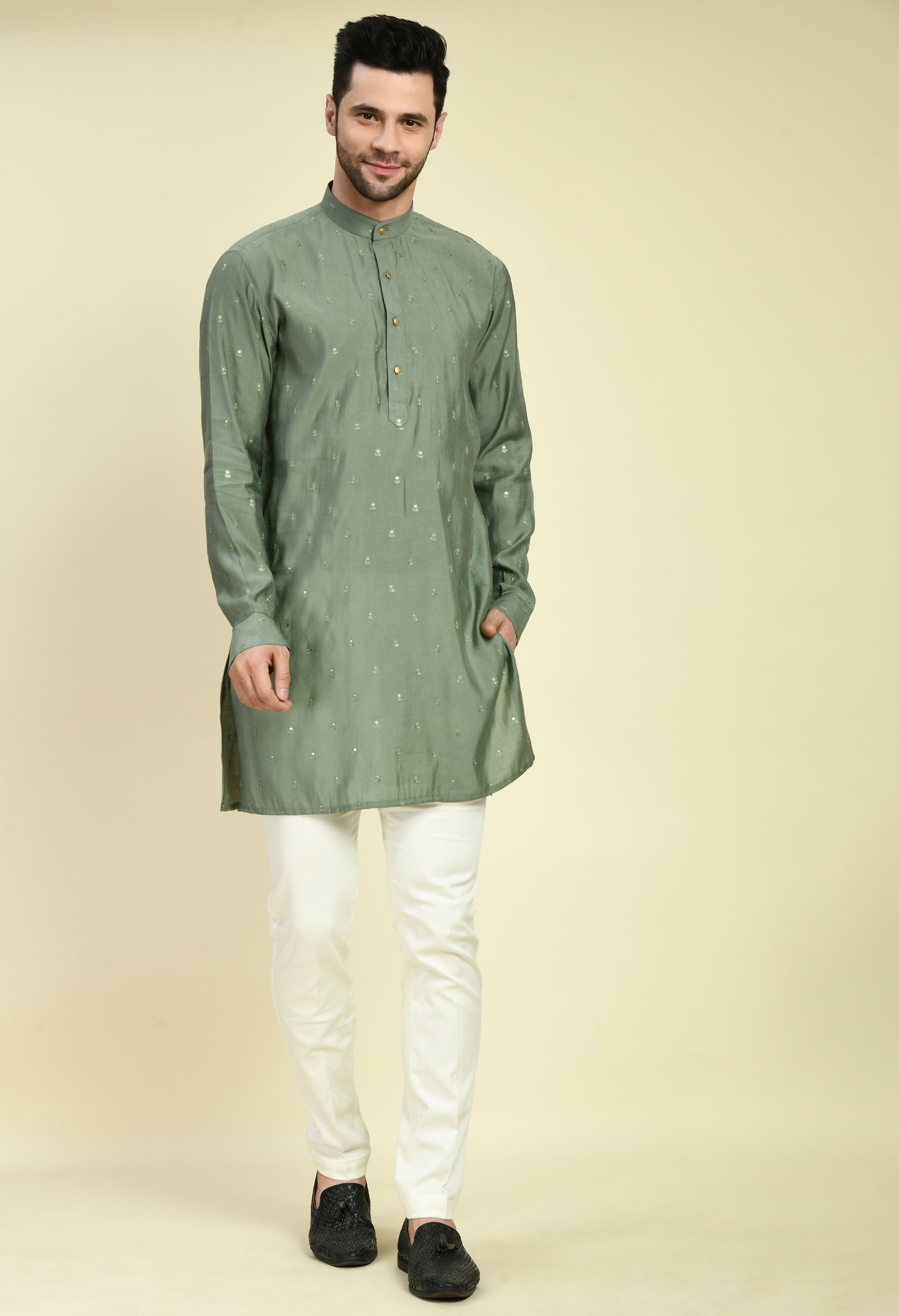 Back view - Men’s Nehru Jacket – Silk Modal in Green with Silk Thread Embroidery