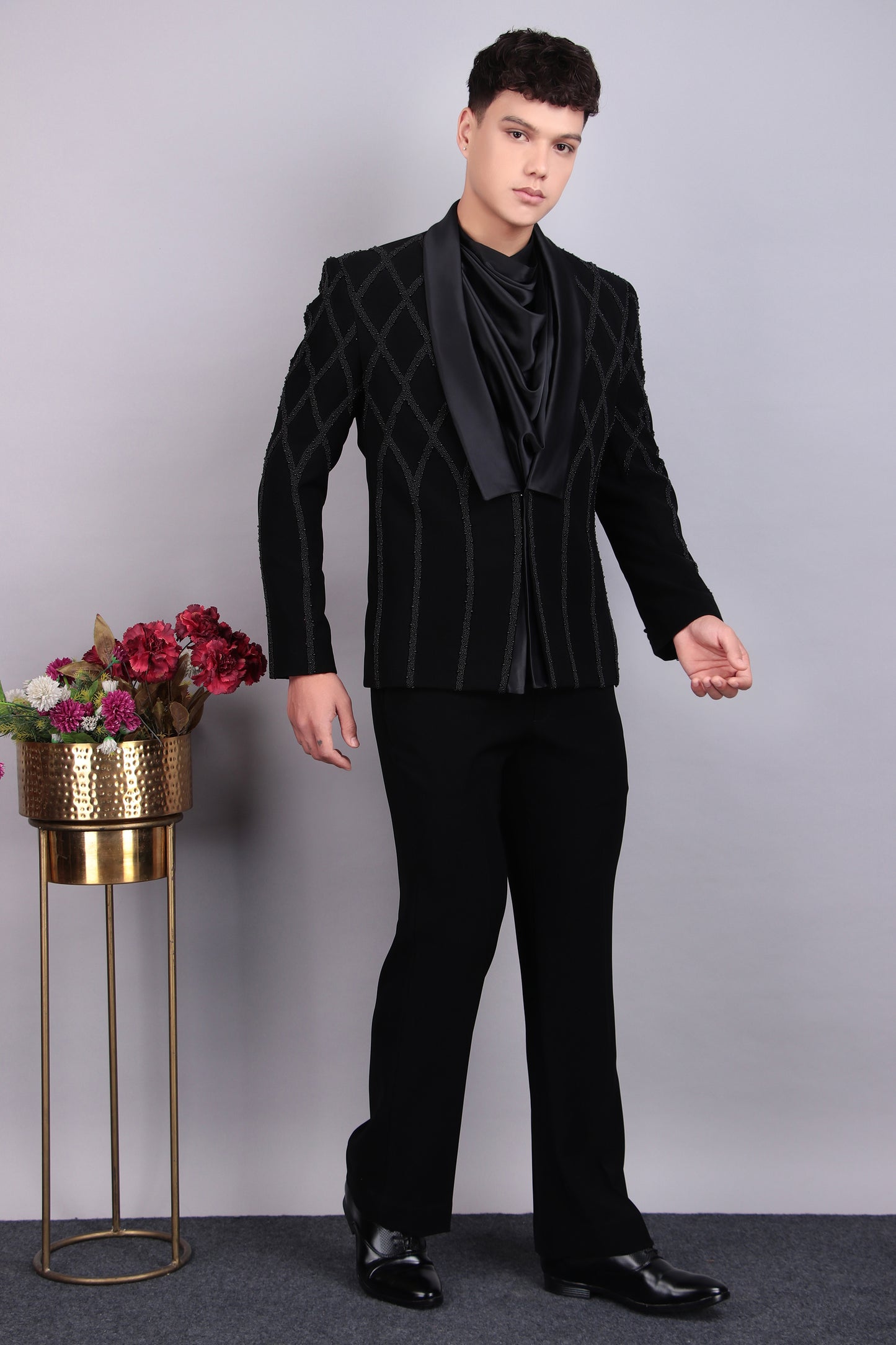 Front view - Men’s Tuxedo – Japanese Lycra in Black with Beads Embroidery