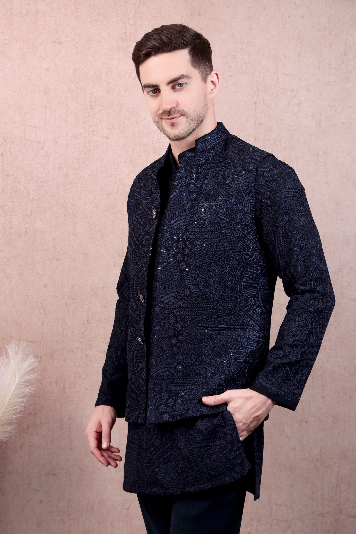 Side view - Men’s Kurta Set – Georgette in Navy Blue with Silk Thread Embroidery & Statement Buttons