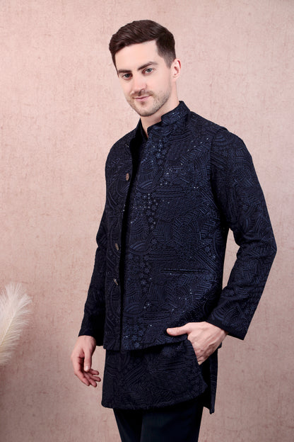 Men’s Kurta Set – Georgette in Navy Blue with Silk Thread Embroidery & Statement Buttons | One Man Show