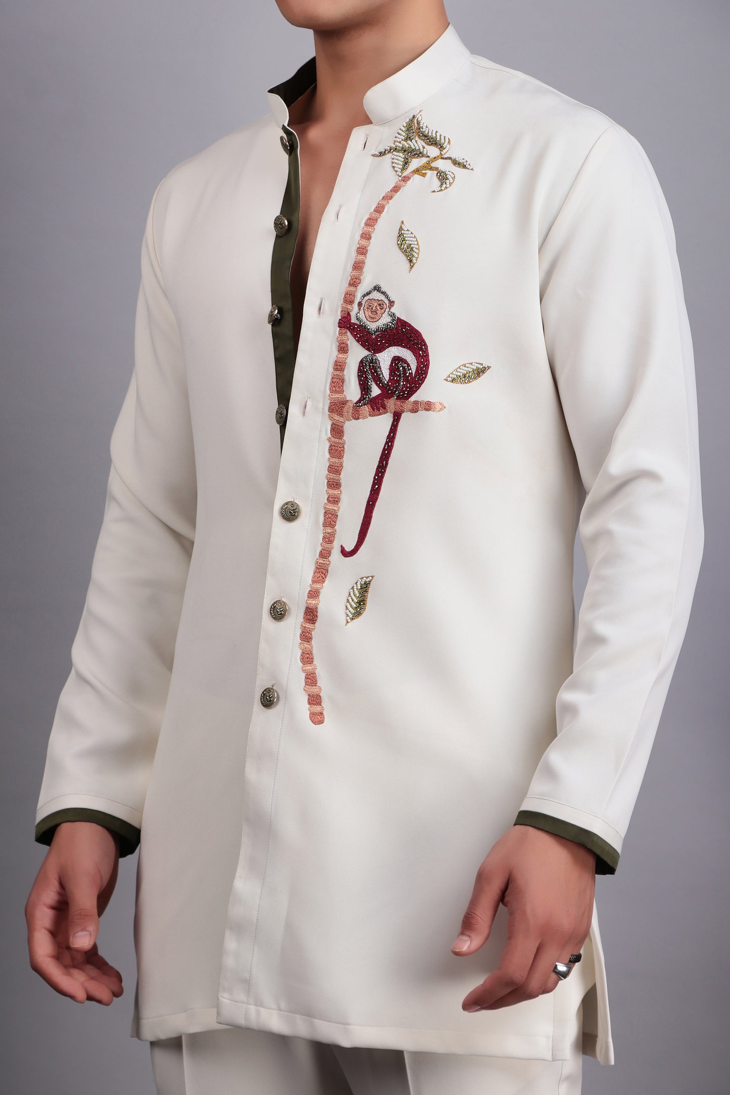 Detail view 1 - Men’s Kurta Set – Korean Wrinkle-Free in Cream with Glass Beads & Silk Thread Embroidery