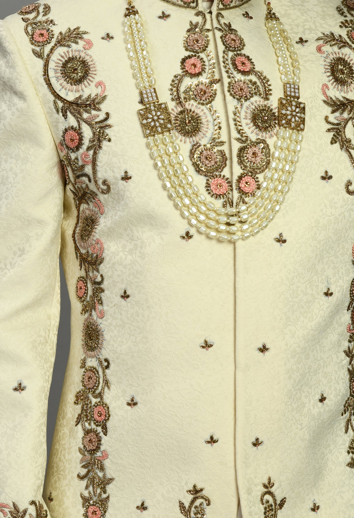 Detail view 1 - Men’s Sherwani – Silk in Ivory with Detailed Hand Embroidery